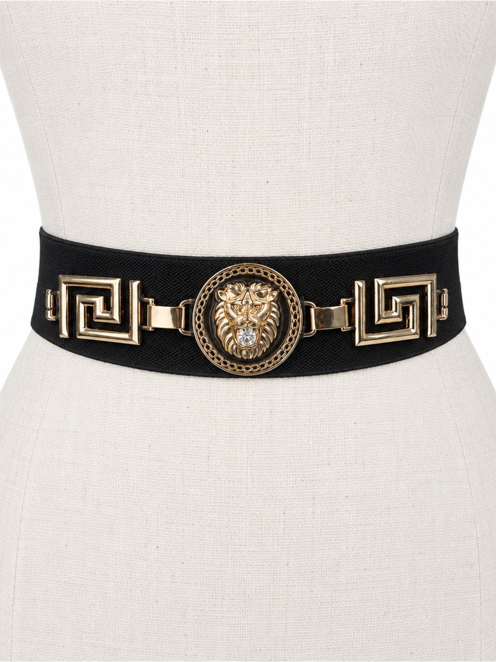 ALDO Bayssa Black Stretch Belt Gold Lion Medallion Greek Key NWT One Size